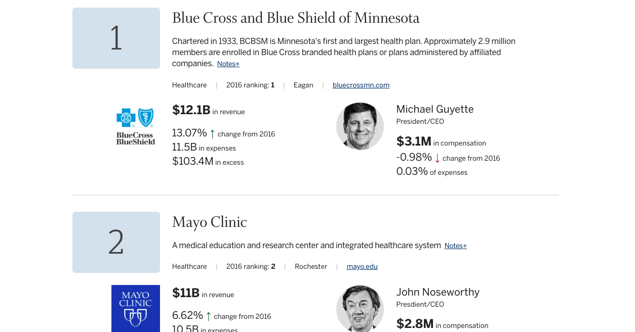 Screenshot of Minnesota top non-profit 100