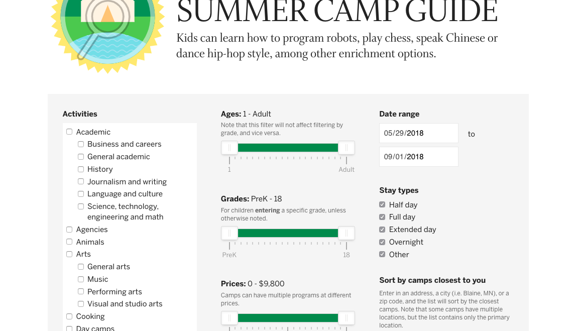 Screenshot of Summer camp guide